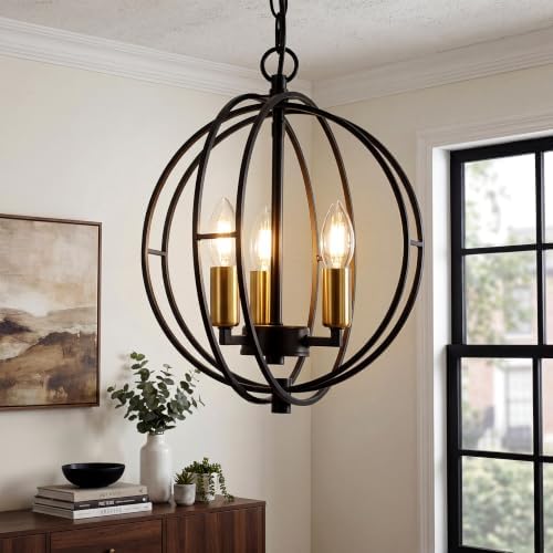 3-Light Farmhouse Chandelier, Black Industrial Metal Globe Pendant Light | Adjustable Hanging Height, for Kitchen Island, Dining Room, Foyer, Entryway
