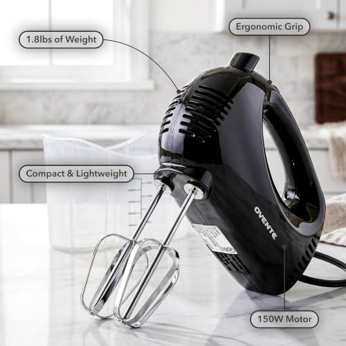 OVENTE 5-Speed Electric Hand Mixer with Storage Case,150W, White HM151W | Stainless Steel Whisks, Compact Portable Design, Lightweight Handheld Mixer for Baking & Cooking