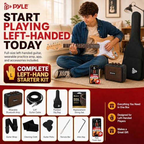Pyle Electric Guitar and Amp Kit - Full Size 39" Complete Starter Kit with Wearable Bluetooth Amplifier, 1/4” Cable, Carry Case, Strap, Strings, Picks, Cleaning Cloth, ST-Style Pickups (Black)