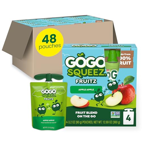 GoGo squeeZ No Sugar Added Applesauce, Apple Apple, 3.2 oz, 48 Count | Kids on the go fruit snack made with applesauce & fruit puree; 3.2 oz pouches, gluten and nut free, recloseable cap, BPA-free