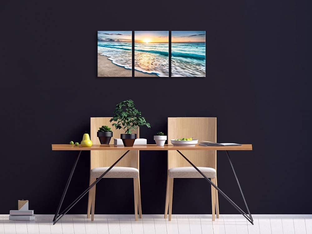 Wieco Art 3 Panel Blue Beach Canvas Wall Art for Home Decor Sunset White Wave Beach Pictures on Canvas Sea View Canvas Prints Artwork for Wall Decor