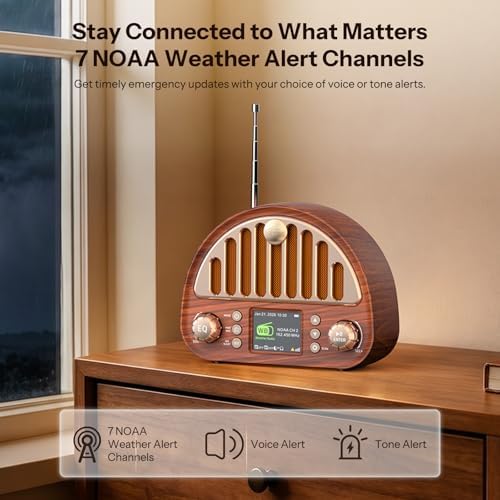 Retro FM Radio with NOAA Weather Alert & Bluetooth Speaker | 40 FM + 7 Weather Band Presets, 2" Color Display, Dual Alarm, Sleep Timer