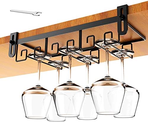 Under Shelf Wine Glass Holder - Black, Stemware Rack for Cabinet, Holds Multiple Glasses