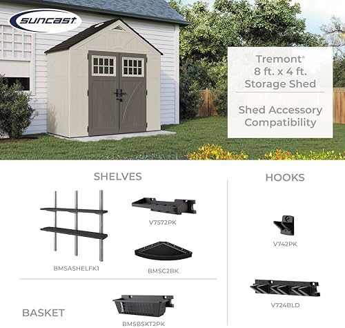 Suncast 8' x 4' Heavy-Duty Resin Tremont Storage Shed with Reinforced Floor, Skylights for Natural Light, Lockable Double Doors, Sand Finish