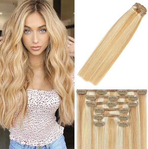 WindTouch Clip In Hair Extensions Human Hair Mixed Bleach Blonde 18Inch 75g Hair Extensions for Women Remy Blonde Extensions Clip in #18p613 7PCS