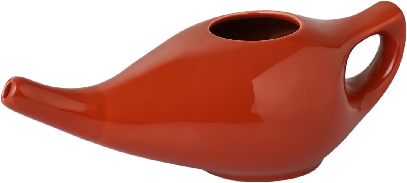 HealthGoodsIn Ceramic Neti Pot, Dishwasher Safe, Premium Handcrafted with 2 Silicone Nozzle and Salt for Sinus - 225 Ml. Capacity (Brown)