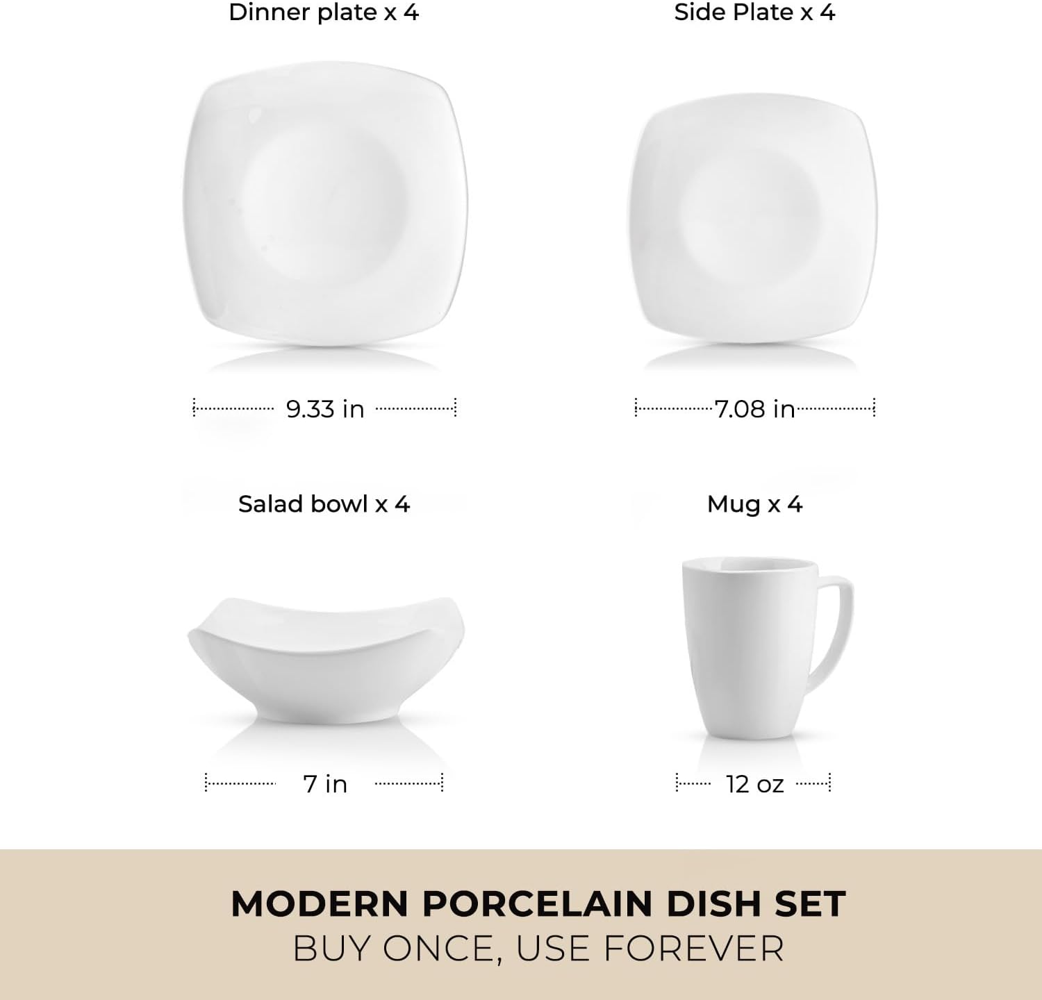 Zulay Kitchen Luna Plates and Bowls Sets, 16 Piece Modern Porcelain Dish Set for 4, Chip and Scratch Resistant Square Dinnerware Set