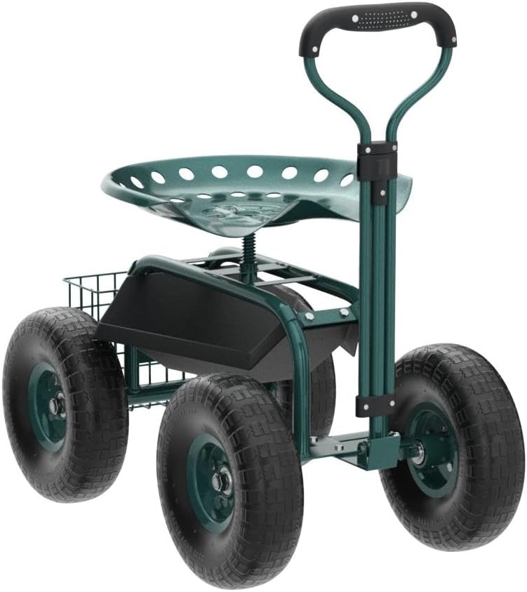 Steerable Garden Stool Cart with Tool Tray and Storage Basket on Wheels Rolling Work Seat Heavy Duty Scooter with Extendable Steer Handle Green