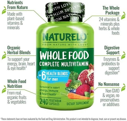 NATURELO Men's Multivitamins - Whole Food Multivitamin for Men, 120 Caps | Vitamins, minerals, vegetarian capsules, energy, brain, heart, eye health*