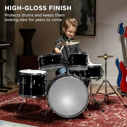 Best Choice Products Kids 5-Piece Beginner Drum Set Junior Kit, Starter Percussion w/Cymbals, Pedal, Drumsticks, Stool, Toms, Snare, Hi Hat - Black