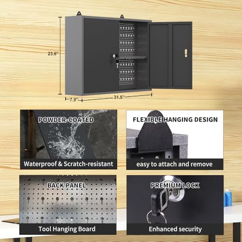 Storage Workbench System Set with Lockable Cabinet, Includes Metal Wall Cabinets Pegboards & Hooks, Wood Worktop for Garage Office Repair Shop