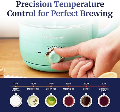 Elite Gourmet 1.2L Glass Kettle, 1200W Fast Boil, Temp Control, Mint