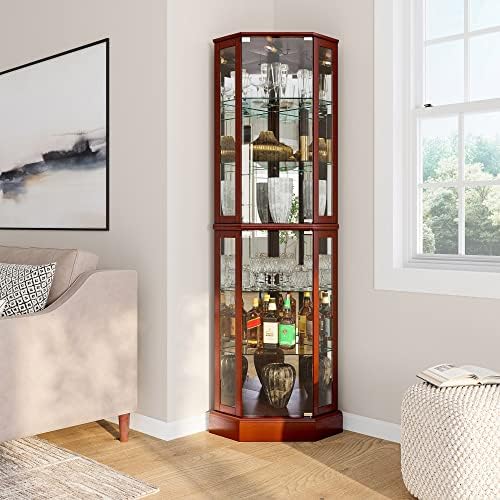 BELLEZE Lighted Corner Display Curio Cabinet Wooden Curved Shelving Unit with Tempered Glass Door