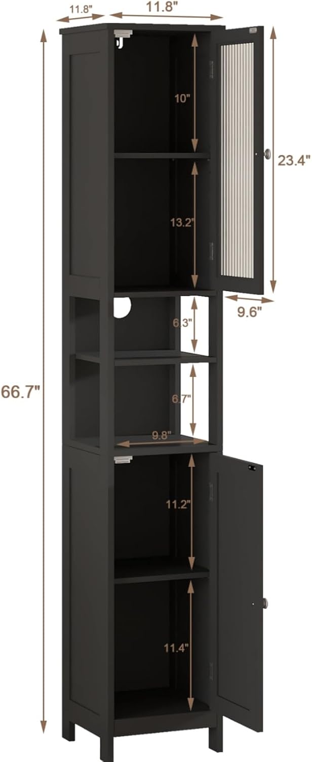 ChooChoo Narrow Bathroom Storage Cabinet with Light， Space Saving | Space Saving,Tall Bathroom Storage Cabinet, 5-Tier, 2 Doors, Slim, Freestanding, Adjustable Shelves, Black