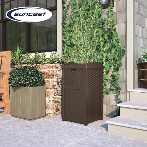 Suncast 2 Pack 33 Gallon Commercial Outdoor Trashcan Hideaway with Lid for 30 to 33 Gallon Trash Bags for Garage, Backyard, or Garden, Brown