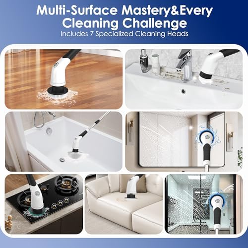 Cordless Electric Spin Scrubber, IPX7 Waterproof Rechargeable Power Cleaning Brush with 4000mAh Battery, 210min Runtime, 7 Brush Heads
