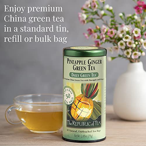 The Republic of Tea Daily Green Pineapple Ginger Green Tea, 50 Ct | Low Caffeine. A gentle cup for everyday. Fresh and lightly vegetal with notes of warming spice and juicy fruit. Gluten Free.