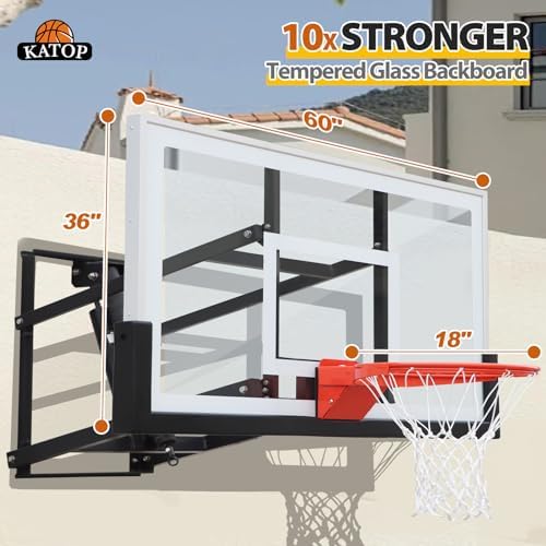Katop Wall Mount Basketball Hoop with 60"x36", 72"x42" Tempered Glass Backboard, Effortlessly Height Adjustable from 7.5' to 10'