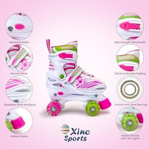 XinoSports Kids Adjustable Roller Skates for Girls & Boys with Light Up Wheels (Ages 5-20) – Roller Skates with Illuminating Wheels