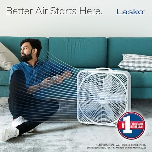 Lasko Weather-Shield Performance Box Fan, 3 Speeds, Innovative Wind Ring System for Up to 30% More Air, Carry Handle for Bedroom, Office, Home