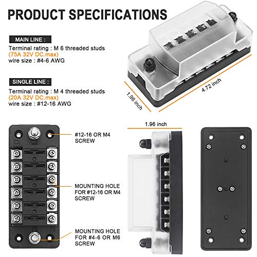 ELECTOP 6 Way 12V/24V Fuse Block Blade with Negative Bus