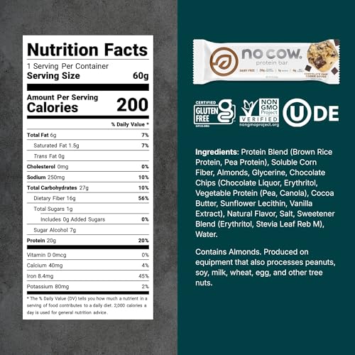 No Cow Peanut Butter Chocolate Chip Vegan Protein Bars, 12 Pack | 20g High Plant-Based Protein, High Fiber, Low Sugar, Gluten-Free, Dairy-Free, Soy-Free, Keto-Friendly Snack Bars
