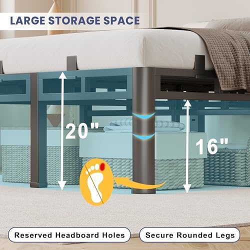 20 Inch Queen Size Bed Frame,Double Layer Heavy Duty Metal Platform Tall | Easy Assembly,Noise Free,2in1 Base,4000lbs Capacity,6 Mattress Stoppers,Round Corner Legs,16"Storage Space,Headboard Holes