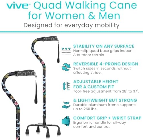 Vive Quad Cane - Walking Stick for Men and Women - Lightweight Adjustable Staff - Comfortable Right and Left Hand Grip for Stability Support - Four Prong Sturdy Aluminum Travel Aid - 4 Tip Blue | Senior 4 Prong Walking Stick for Stability & Balance- Righ…