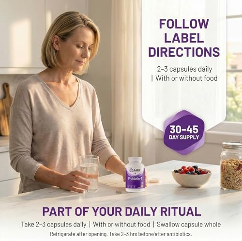 AOR Probiotic Capsules for Gut Health, Shelf Stable, 90 Capsules 30-45 Days | No Refrigeration for Travel, Three Strain Formula, Survives Digestion