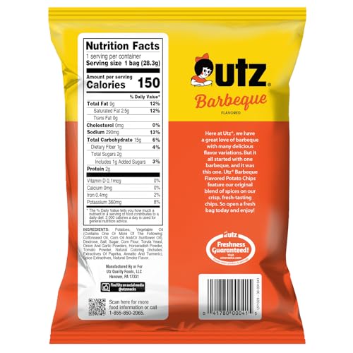 Utz Potato Chips, Barbeque – 1 oz. Bags (60 Count) – Crispy Potato Chips Made from Fresh Potatoes, Crunchy Individual Snacks to Go, Cholesterol Free, Trans-Fat Free, Gluten Free Snacks