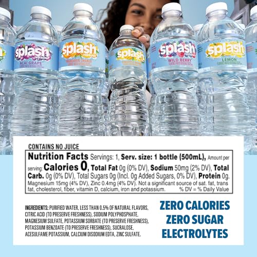 SPLASH REFRESHER Flavored Water Bottles, Lemon - 6 Pack | Refreshing Flavored Bottled Water with Electrolytes - Zero Sugar & Zero Calories - 16.9 Fl Oz