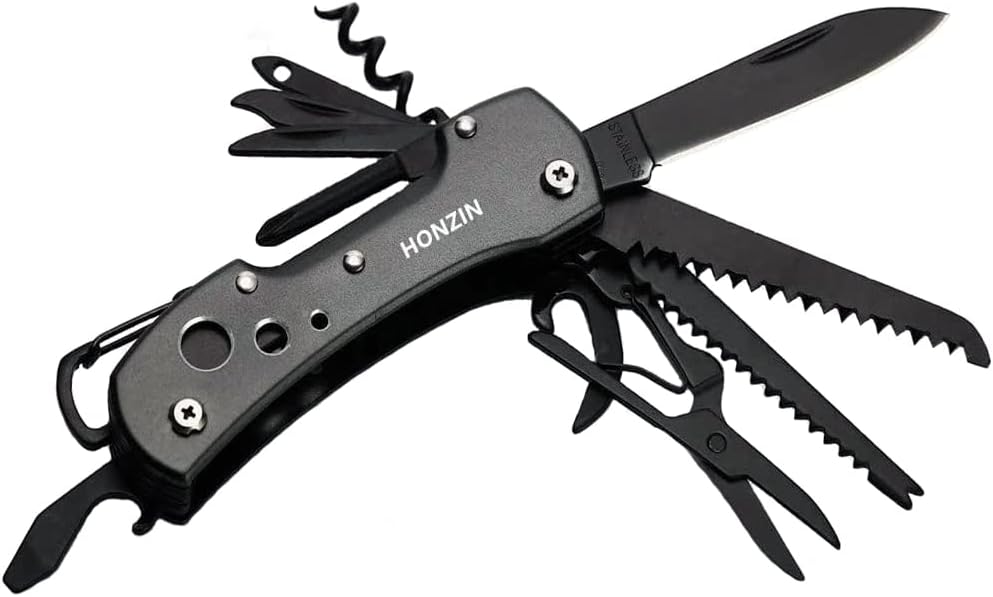 Swiss Small Pocket Knife, 15-in-1 Multitool for Camping, Hiking & EDC | Includes Bottle Opener, Saw