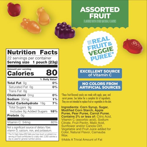 Mott's Fruit Flavored Snacks, Assorted Fruit, Pouches, 0.8 oz, 22 ct (Pack of 6)