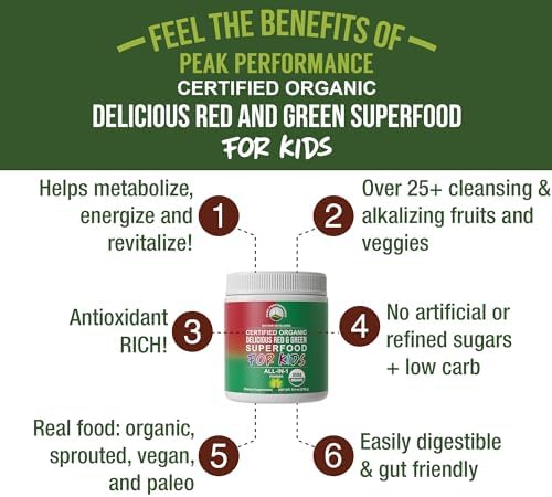 Kids Greens + Reds Superfood Powder. Best Tasting Organic Vegan Super Food | Green and Red Superfoods Juice Powder Supplement for Children with 25+