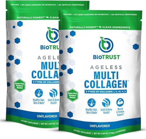 BioTrust Multi Collagen Peptides Unflavored Powder - Hydrolyzed, Grass Fed | 5 collagen types (I, II, III, V & X) from grass fed beef, fish, chicken & eggshell membrane with protein support