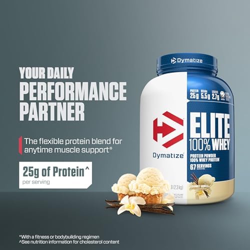 Dymatize Elite 100% Whey Protein Powder, L-Leucine, Quick Absorbing & Fast Digesting for Optimal Muscle Recovery, Gourmet Vanilla, 32 Oz