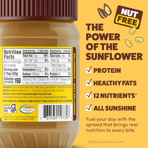 SunButter Original Sunflower Seed Butter, 16 oz Nut-Free Spread with 7g Plant-Based Protein, Roasted Rich & Savory Flavor, Smooth Texture | Vegan, Kosher & Non-GMO