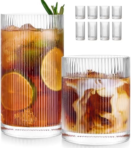 Ribbed Drinking Glasses Cups Set of 8 Large Capacity Highball 17oz&12oz | Rocks Cocktail Glasses Ideal for Beer, Juice, Water, Ice Coffee Cup, Whiskey