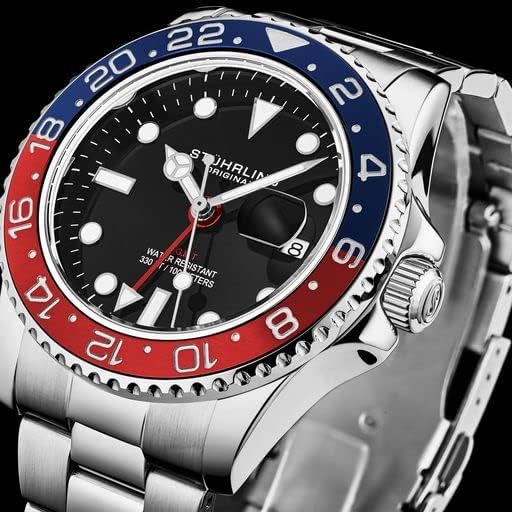 Stuhrling Original Men's Stainless Steel GMT Watch Quartz - 42mm Quartz Analog Wrist Watch for Men, Mens Quartz Watch, Stainless Steel Case