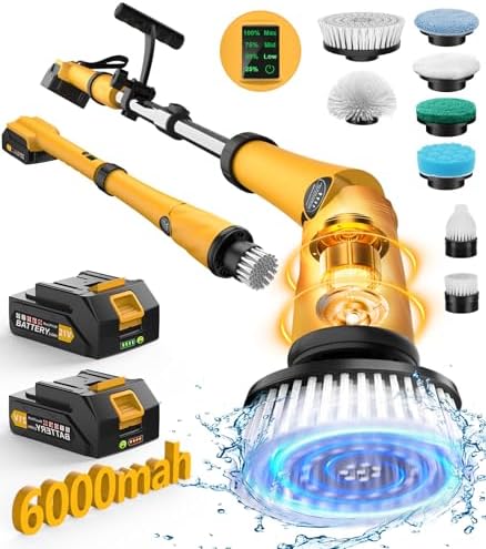Qimedo Electric Spin Scrubber Q3, 6000mAh, Extra-Large Brush Head, 1200RPM | Floor Scrubber Machine with Long Handle, Cordless Cleaning Brush, 8 Brush Heads and Smart Display for Showers, Tubs and Tile