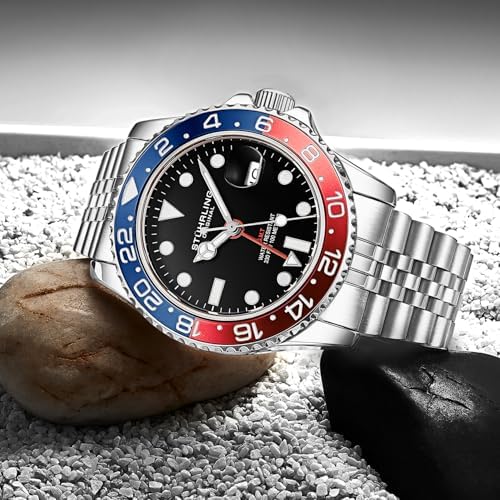 Stuhrling Original Men's Stainless Steel Jubilee Bracelet GMT Watch Quartz - 42mm Quartz Analog Wrist Watch for Men, Mens Quartz Watch, Stainless Steel Case, Casual Work Watch, Water Resistant Watch