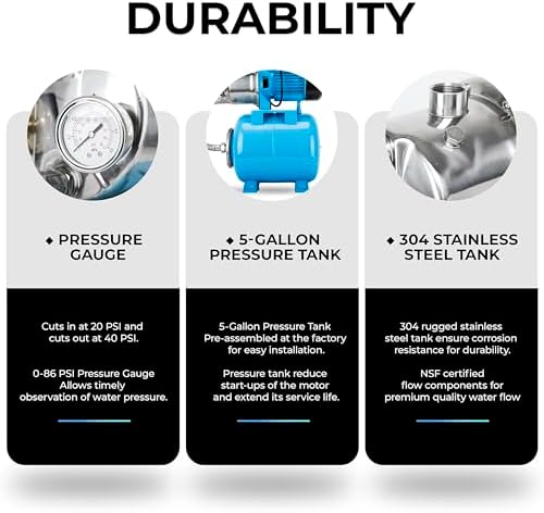 LEO Shallow Well Pump with Pressure Tank 1.5HP, Irrigation Jet Pump 1200 GPH Automatic Booster Sprinkler System,Stainless Steel Water Transfer Camp Pumps for Home, Garden, Lawn