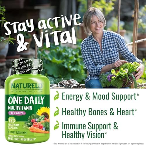NATURELO One Daily Multivitamin for Women 50+ (Iron Free) - Menopause Support for Women Over 50 - Whole Food Supplement - Non-GMO - No Soy - 60 Capsules - 2 Month Supply | Energy Support, Whole Food Daily Women Multivitamin Supplement, Nourish Hair/Skin/…