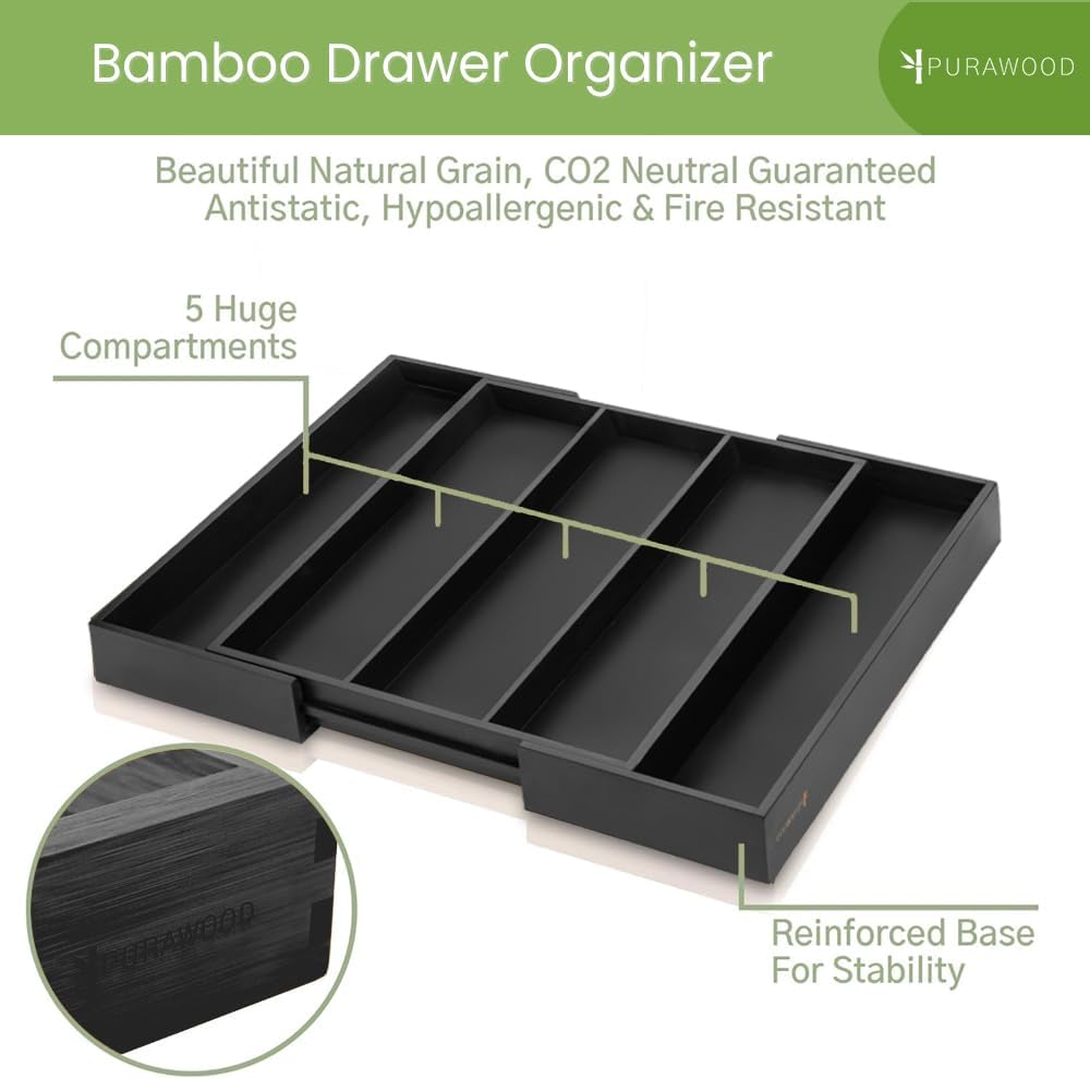 Purawood Kitchen Drawer Organizer - Expandable Utensil Drawer Organizer for Kitchen, Cutlery Tray & Silverware Organizer
