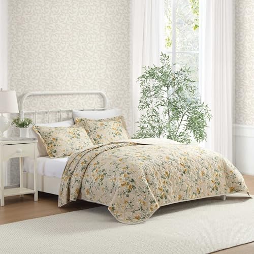 Laura Ashley - Queen Quilt Set, Soft Cotton Bedding with Matching Shams, Reversible Floral Toile Design, Floral Room Decor