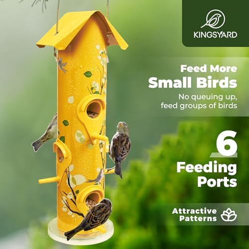 Kingsyard Metal Bird Feeders for Outdoors Hanging, Tube Bird Feeder | 14 in, 6 Feeding Ports, drainage holes, 2 lbs Seed Capacity, Weatherproof, Stays Dry & Fresh, Easy to Clean & Refill, Yellow