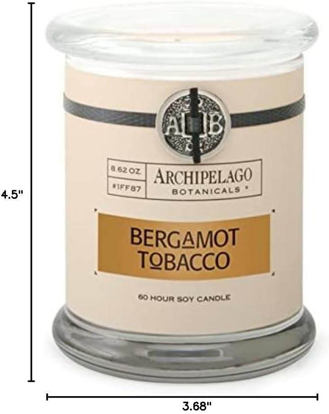 Archipelago Botanicals Bergamot Tobacco Soy Candle, 8.6 oz | Hand-Poured Premium Wax, Burns Approx. 60 Hours, Soy Candle in Glass Jar, 4.5 Inch