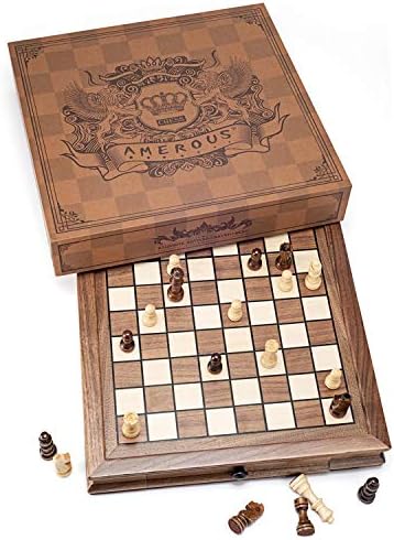 AMEROUS Magnetic Wooden Chess Set, 12.8" x 12.8" Walnut Chess Board Game with 2 Built-in Storage Drawers - 2 Bonus Extra Queens - Chess for Beginner