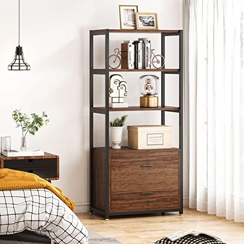 Tribesigns 4-Tier Bookcase Bookshelf with 2 Drawers (Rustic)