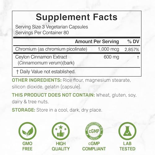 Ceylon Cinnamon with Chromium 1000mcg, 240 Capsules | Active Inner Bark Extract, True Sri Lanka Source | Natural Cinnamon Supplements